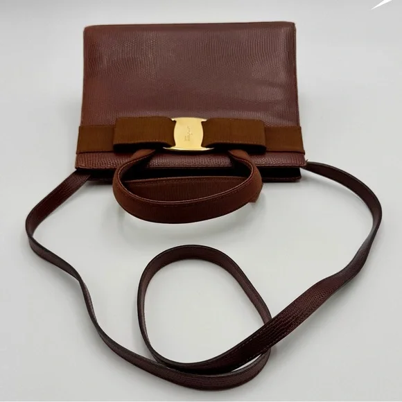 Salvatore Ferragamo Vara Ribbon Plate 2-WAY Bag 9.5 inch Brown Embossed Leather - Picture 11 of 15